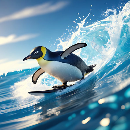 A penguin is depicted in the act of surfing an ocean wave on a surfboard. The wave is breaking, creating dynamic water splashes and spray around the penguin. The scene is set against a backdrop of a blue sky with clouds. The image conveys a sense of action, fun, and an unusual sporting activity for a penguin.の素材