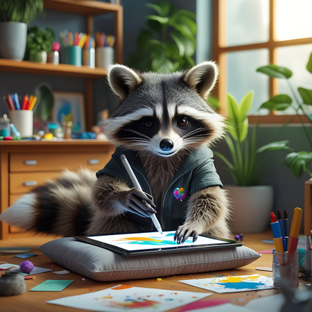 A raccoon dressed in a casual jacket sits on a cushion, engrossed in drawing on a digital tablet. The scene is set in a bright, creative studio filled with plants, art supplies, and papers scattered on a wooden desk and floor. The raccoon is holding a stylus and appears focused on its digital artwork.の素材