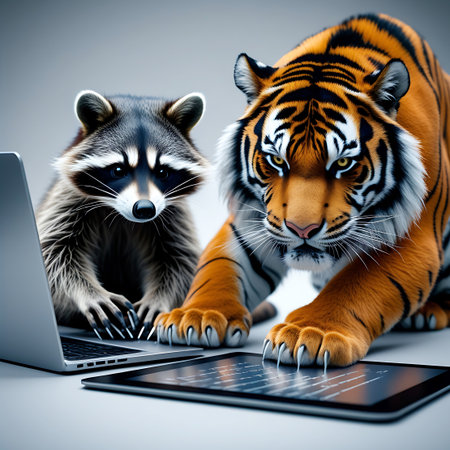 A raccoon and a tiger are depicted in a collaborative work session, utilizing both a laptop and a tablet. The raccoon is positioned near the laptop, with its paws on the keyboard, while the tiger is closer to a tablet displaying what appears to be data or charts. Both animals are focused on their respective devices, suggesting a joint effort in a technological task within a modern, minimalist setting.の素材