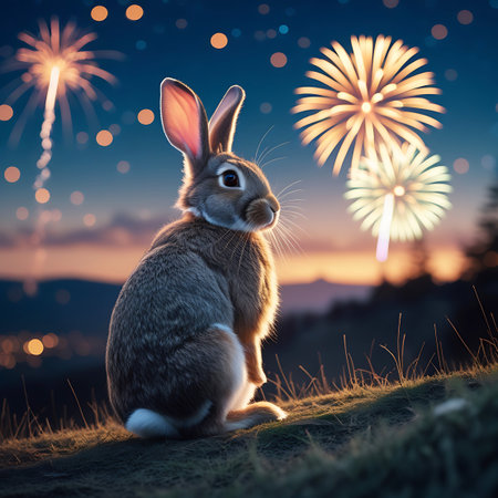 A fluffy brown rabbit sits on a grassy hillside, its ears perked up as it gazes at a vibrant fireworks display in the twilight sky. The sky is a deep blue, transitioning to orange and pink at the horizon, with scattered bokeh lights adding a magical glow. The fireworks explode in bursts of light and color, illuminating the scene.の素材