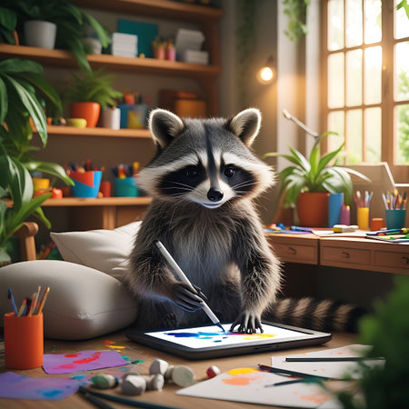 A raccoon wearing a dark jacket sits on a cushion in a well-lit studio, holding a stylus and drawing on a digital tablet. The desk is covered with art supplies, papers with paint splatters, and plants, creating a vibrant and creative atmosphere. The raccoon is focused on its digital artwork.の素材