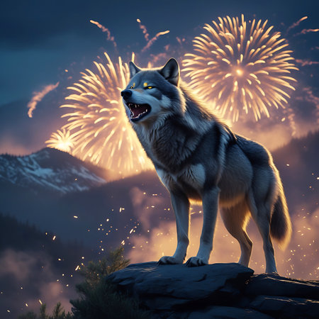 A powerful wolf stands on a rocky outcrop, its mouth open in a howl, silhouetted against a dramatic night sky filled with bright, golden fireworks. The scene captures a moment of wild energy and celebration, with the wolf's intense gaze and the explosive pyrotechnics creating a striking visual contrast.の素材