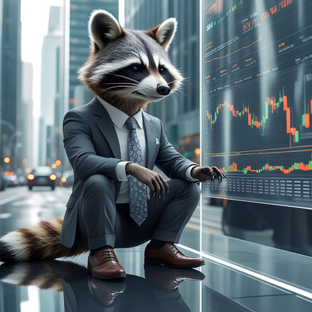A raccoon dressed in a sharp grey business suit and tie is crouching and intently observing a large digital screen displaying a stock market graph. The graph shows fluctuating lines in red and green, indicating market activity. The scene is set in a modern city with blurred skyscrapers and traffic in the background, with a reflective surface in the foreground.の素材