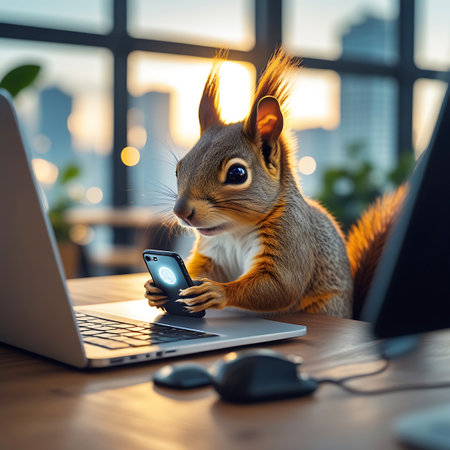 A squirrel is seated at a desk, intently focused on a smartphone it holds in its paws. The phone screen displays a glowing Bitcoin logo. A laptop is open beside it, with a computer mouse visible. The scene is set indoors, with a blurred urban background visible through a window, illuminated by warm, soft light.の素材