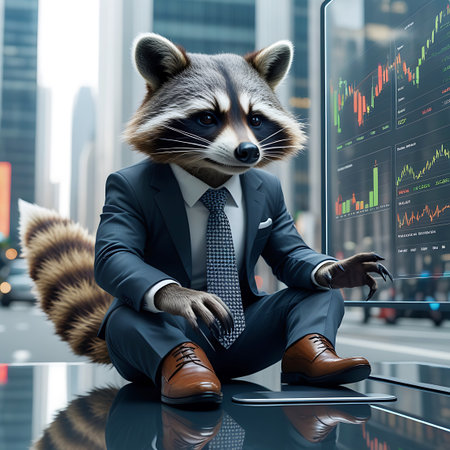 A raccoon in a dark suit, white shirt, and patterned tie sits on a reflective surface, looking at a large vertical screen displaying stock market data with various graphs and charts. The background shows blurred city buildings. The raccoon wears brown leather shoes and its tail is visible.の素材