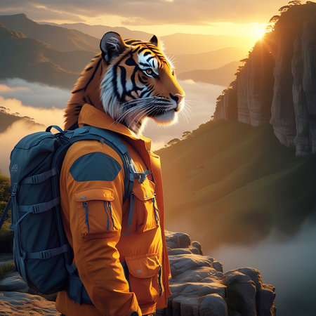 This image depicts an anthropomorphic tiger, with its distinct feline head and a human body dressed in an orange outdoor jacket and a substantial backpack, positioned on a rocky mountain ledge. The sun is rising, sending brilliant rays of light through the atmospheric haze and mist that blankets the surrounding mountain peaks and valleys. The composition highlights the tiger's solitary presence in a grand, natural environment, suggesting themes of courage and the call of the wild.の素材