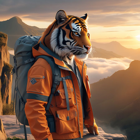 A striking anthropomorphic tiger, with the head of a wild animal and the body of a human hiker, stands on a mountain peak. The tiger wears an orange, multi-pocketed jacket and a large, grey backpack. The background features a vast mountain range bathed in the warm light of sunrise, with clouds and mist filling the valleys below. The tiger gazes into the distance, embodying a spirit of adventure and exploration in a majestic natural setting.の素材