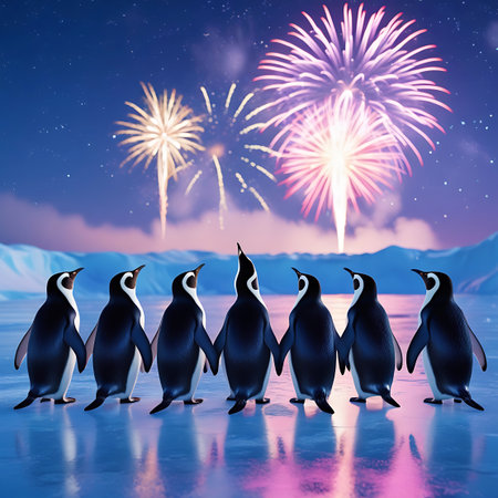 Phoenix showing seven penguins observe a fireworks display on an icy plain. High resolution image suitable for commercial use. Clear details and vibrant colors enhance visual appeal.の素材
