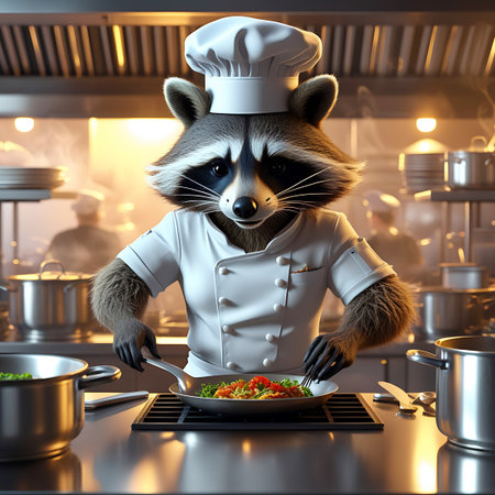 A raccoon in a chef's hat and white chef coat is actively cooking in a bustling professional kitchen. It holds a spoon and fork, stirring food in a pan on a stovetop. Steam emanates from the pan and other cooking vessels. Blurred figures of other people are visible in the background.の素材