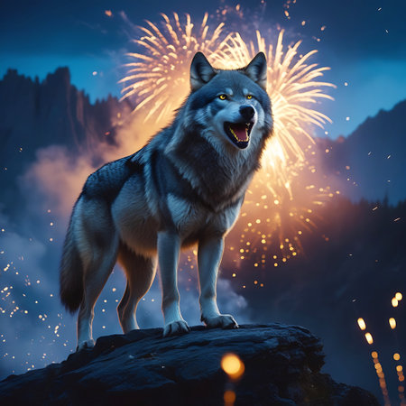 A wolf stands alert on a dark rock formation, its head tilted back as if howling, with a spectacular display of golden fireworks exploding in the night sky behind it. The scene combines the raw power of the wild animal with the celebratory spectacle of pyrotechnics, set against a mountainous backdrop.の素材