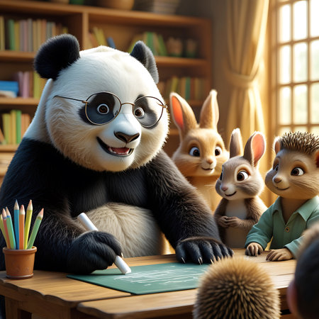 A cheerful panda in glasses acts as a teacher, holding a chalk and pointing to a green blackboard. Several cute animal students, including rabbits and a hedgehog, look on with interest. The classroom is bright with sunlight streaming through a window, illuminating bookshelves and a wooden desk. A pot of colored pencils sits on the desk, adding to the educational atmosphere.の素材
