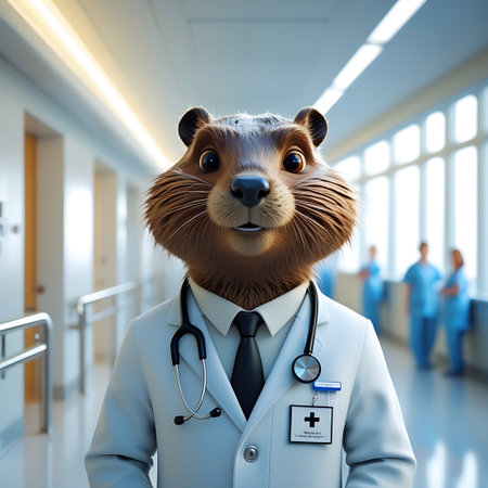 A charming cartoon beaver, depicted as a doctor, stands in a contemporary hospital corridor. The beaver is wearing a white doctor's coat, a dark tie, and a stethoscope. It has a wide-eyed, inquisitive look. The background features large windows allowing natural light to illuminate the hallway, with blurred figures in medical scrubs in the distance.の素材