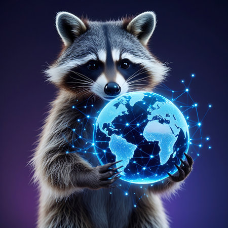 Mammal showing raccoon holding glowing digital earth network globe with blue lights keywords: raccoon, animal, globe, earth, network, technology, digital, connection, global, communication, internet, data, science, futuristic, glowing, blue, light, holding, paws, cute, wild, nature, mammal, furry, smart, intelligence, innovation, cyberspace, world, planet, abstract, background, dark, purple, illustration, concept, business, information, sharing, connectivity, digitalart, ai, artificialintelli...の素材