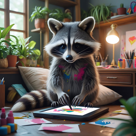 A raccoon with colorful paint splatters on its chest is actively drawing on a digital tablet. It is positioned at a wooden desk in a room filled with plants, art supplies, and a lamp, suggesting an artist's workspace. The raccoon is focused on the tablet, with papers and art materials surrounding it.の素材