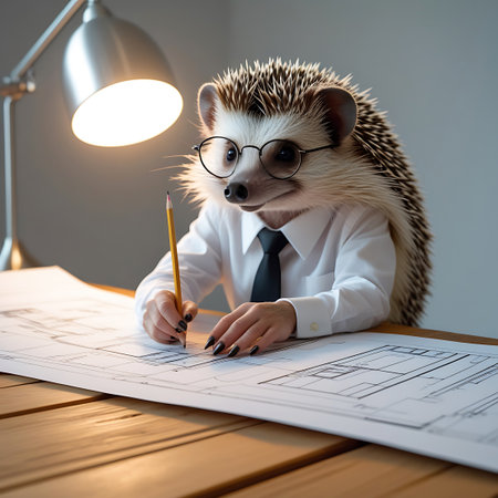An anthropomorphic hedgehog, sporting round glasses and a white shirt with a black tie, is captured in a close-up shot as it works on architectural blueprints. The hedgehog holds a pencil, its paws carefully guiding the lines on the paper spread across a warm-toned wooden desk, lit by a desk lamp.の素材