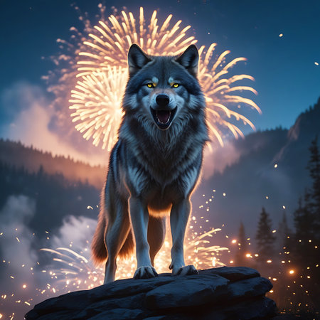 A majestic wolf stands proudly on a rocky outcrop, its mouth open in a powerful stance. Behind it, a vibrant fireworks display illuminates the night sky with bursts of light and sparks. The wolf's piercing yellow eyes are focused forward, conveying a sense of alertness and wildness against the backdrop of a mountainous, forested landscape.の素材