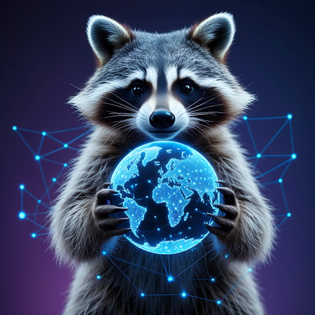 A detailed portrait of a raccoon is shown holding a glowing, digital representation of the Earth in its paws. The globe is illuminated with blue light and shows continents outlined by interconnected nodes and lines, suggesting a global network or data flow. Blue light emanates from the globe and forms a network of glowing dots and connecting lines around the raccoon. The background is a dark purple gradient, highlighting the subject.の素材