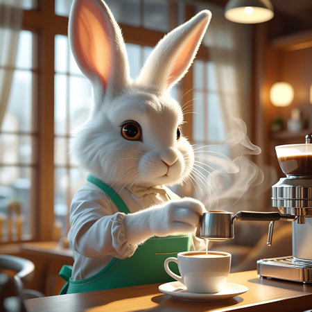 A white rabbit dressed as a barista, wearing a green apron and white shirt with a bow tie, is shown operating an espresso machine. The rabbit is holding a metal pitcher, pouring steamed milk or coffee into a cup. Wisps of steam rise from the cup, and the espresso machine is actively brewing. The scene is set in a warm, inviting cafe with wooden elements and soft lighting.の素材