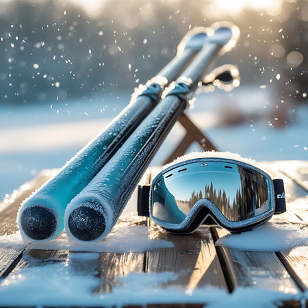 A pair of black ski poles and ski goggles are arranged on a wooden table covered in snow and frost. The scene is outdoors with falling snowflakes. The goggles' lenses show a reflection of a winter landscape with trees.の素材
