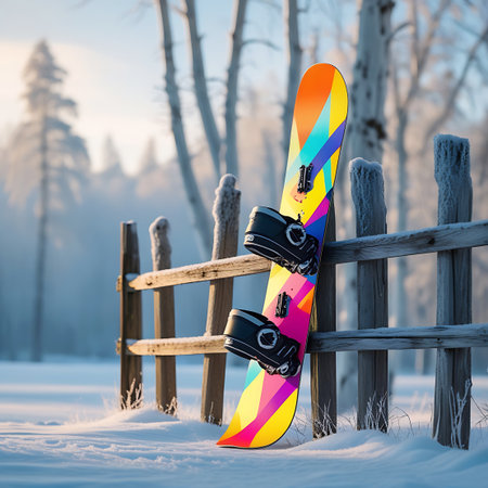 An eye-catching snowboard with an abstract, geometric pattern in vibrant colors like orange, yellow, blue, and pink is leaning against a weathered wooden fence. The setting is a snowy winter landscape with trees heavily dusted with frost and snow. The ground is covered in a thick blanket of snow, and the soft, diffused sunlight creates a peaceful and picturesque scene.の素材