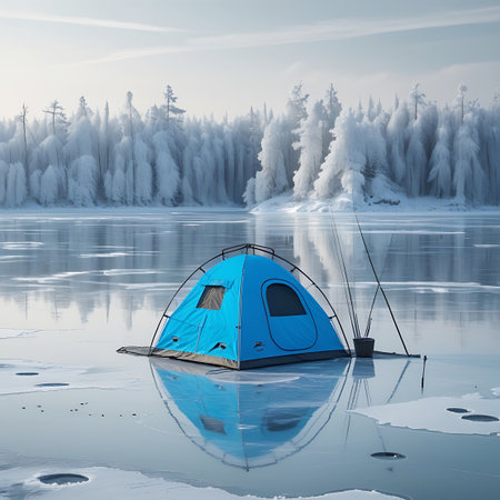 Lake showing blue ice fishing tent on frozen lake with snowy forest background. High resolution image suitable for commercial use. Clear details and vibrant colors enhance visual appeal.の素材