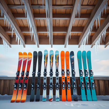A collection of diverse and colorful skis are neatly lined up against a wooden railing. The skis feature various designs and patterns, each equipped with bindings. Above, a wooden structure with exposed beams is adorned with numerous hanging icicles, suggesting a cold, winter environment.の素材