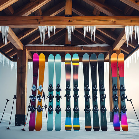 A vibrant assortment of skis and ski poles are displayed under a wooden gazebo. The skis showcase a range of bright colors and designs, each fitted with bindings. Icicles hang from the wooden beams of the gazebo, creating a striking winter atmosphere.の素材
