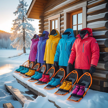 A line of adult winter jackets in various colorsの素材