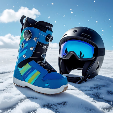 A blue snowboard boot with green accents is positioned beside a black ski helmet on a snowy surface. The helmet's blue-tinted goggles reflect a winter scene with trees. The background features a clear blue sky with fluffy white clouds.の素材