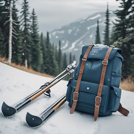 A blue backpack with brown leather straps rests on a snowy mountain slope. A pair of skis with wooden accents and metal bindings are placed next to the backpack. The background is filled with tall, dark green pine trees and a hazy, snow-covered mountain range in the distance under a cloudy sky.の素材