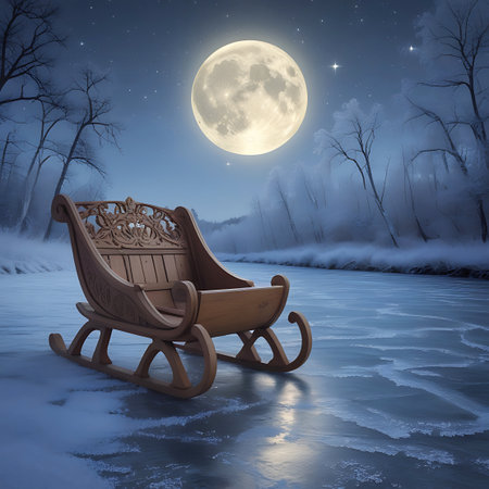 An antique, ornately carved wooden sleigh is positioned on a frozen lake or river under a prominent, bright full moon. The surrounding landscape features bare trees dusted with frost, creating a stark contrast against the deep blue night sky filled with stars. The moonlight illuminates the icy surface, creating subtle reflections and a sense of quiet, magical stillness.の素材