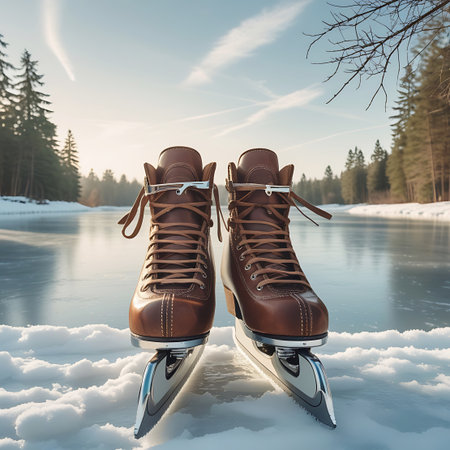 A close-up, eye-level view of a pair of brown leather ice skates resting on a snowy surface next to a frozen lake. A dense winter forest with snow-covered trees lines the background, under a bright, partly cloudy sky. The skates have sharp metal blades, ready for use on the ice.の素材