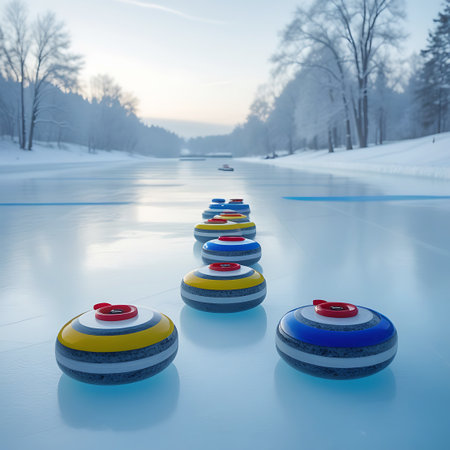 A series of colorful curling stones are lined up on a frozen lake. The stones feature bands of yellow, blue, and gray, with red handles. They rest on translucent blue pads. The background depicts a serene winter landscape with snow-laden trees and a soft, hazy sky.の素材