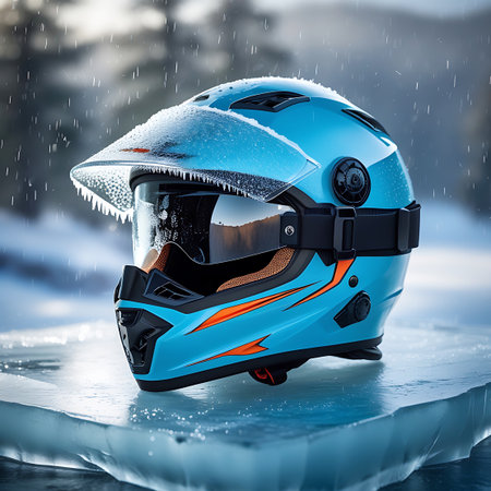 A bright blue snowmobile helmet with orange graphic accents is presented on a large block of ice. The helmet's visor and surface show signs of frost and ice, suggesting cold weather use. The ice block it rests on has a textured, frozen appearance. The background is a blurred winter landscape.の素材