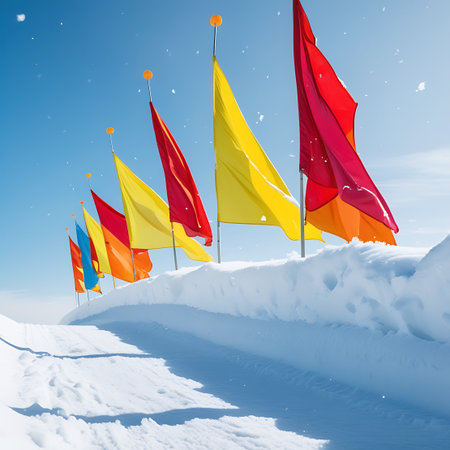 A line of vibrantly colored flags, including red, orange, yellow, and blue, are planted on poles along a snowy ridge. The flags are caught by the wind, creating a sense of movement. They are set against a bright blue sky with visible snowflakes or light dust. A snow-covered path or track runs alongside the flags. The scene suggests a winter event, race, or festive marking of a route.の素材