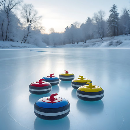 A group of colorful curling stones, featuring red, blue, and yellow accents, are arranged on a smooth, frozen ice rink. The stones have black and white striped bands and red handles. The background shows a serene winter landscape with snow-covered trees and a bright sky, suggesting a game of curling taking place outdoors.の素材
