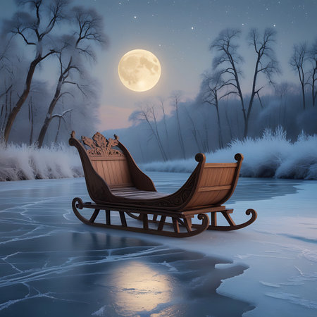 A beautifully carved wooden sleigh rests on a textured, icy surface, likely a frozen river or lake. A large, luminous full moon dominates the night sky, casting a soft, ethereal glow. Bare trees, heavily frosted, frame the scene, their branches reaching towards the starry sky. The moonlight reflects on the ice, creating a tranquil and enchanting winter atmosphere.の素材