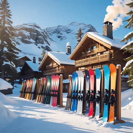 A row of colorful skis with bindings stands upright on wooden racks outside charming wooden chalets in a snow-covered mountain village. Pine trees are visible, and smoke rises from chimneys, indicating warmth inside. The scene is bathed in sunlight under a clear blue sky.の素材