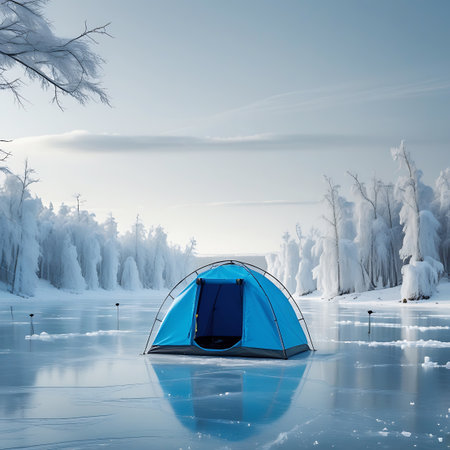 Snowy showing blue tent on ice with snowy forest and fishing rods. High resolution image suitable for commercial use. Clear details and vibrant colors enhance visual appeal.の素材