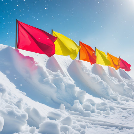 A line of colorful flags, including red, yellow, and orange, are planted in a snowdrift on a mountain peak. The flags are blowing in the wind against a clear blue sky with scattered snowflakes. The snow is piled high, creating textured drifts, and the sunlight illuminates the scene.の素材