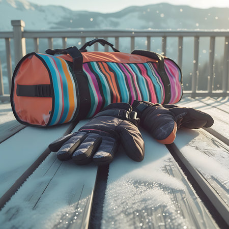 A brightly striped duffel bag and a pair of black ski gloves with orange accents rest on a snow-covered wooden surface. Frost and ice crystals are visible on the gloves and the planks. In the background, sunlit mountains suggest a clear winter day, ready for outdoor activities.の素材