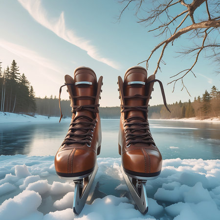 A pair of brown leather ice skates are positioned on a snowy bank overlooking a frozen lake. The background features a winter forest with evergreen trees under a bright, blue sky with wispy clouds. The skates are detailed, showing laces and shiny metal blades, suggesting an outdoor winter activity.の素材