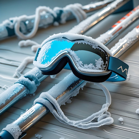 A detailed close-up of ski goggles and poles heavily coated in frost and ice. The goggles have a blue strap and their lenses reflect a bright blue sky. The ski poles are also dusted with snow and ice, resting on a light-colored surface.の素材