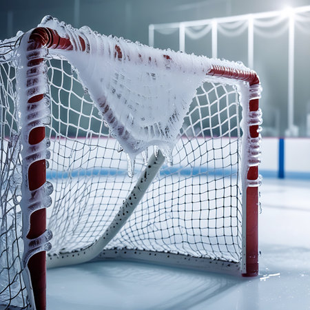 A close-up view of a hockey net, its red metal frame heavily encrusted with ice and frost. Icicles hang from the top bar and the net itself, indicating a very cold environment. The white netting is partially obscured by the frozen buildup. In the background, the blurred blue and white lines of an ice rink are visible, along with the faint outlines of rink boards and spectator areas, suggesting an outdoor or indoor ice hockey setting.の素材
