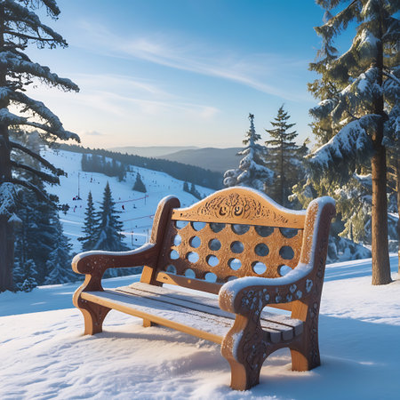 A wooden bench with decorative carvings and a patterned backrest is positioned in a snow-covered area. Behind it, a ski slope with many skiers can be seen descending a snowy mountain. Snow-covered evergreen trees surround the bench, and the sky is a bright blue with wispy clouds. The sunlight illuminates the snow and the intricate details of the bench.の素材