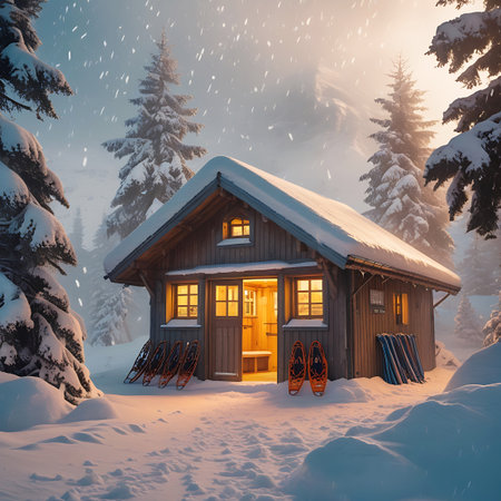 A charming wooden cabin is nestled in a snow-covered forest during a gentle snowfall. Warm light emanates from the windows, contrasting with the cold, snowy landscape. Pine trees laden with snow surround the cabin, and snowshoes and skis are visible near the entrance, suggesting a winter sports destination. The background features snow-capped mountains under a soft, glowing sky.の素材