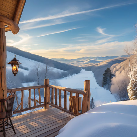 Retreat showing cozy wooden cabin balcony overlooking snow- covered mountain valley keywords: winter, snow, mountain, valley, landscape, cabin, balcony, wooden, railing, chair, lantern, lamp, view, scenery, nature, cold, frosty, trees, sky, clouds, sunlight, sunset, sunrise, peaceful, serene, quiet, vacation, retreat, lodge, rustic, architecture, outdoors, scenic, panorama, vista, chill, season, overview, picturesque, tranquil, remote, travel, destination description: a view from a rustic...の素材