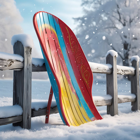 A brightly colored sled, featuring red, blue, and yellow stripes with decorative golden swirls, leans against a snow-covered wooden fence. The scene is set in a winter landscape with falling snowflakes and snow-laden trees in the background, suggesting a cold and festive atmosphere.の素材