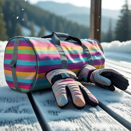 A vibrant, horizontally striped duffel bag rests on a weathered wooden surface covered in snow and frost. Beside the bag lie a pair of pink and grey ski gloves, also dusted with snow. The background shows a blurred winter landscape with snow-covered trees and mountains under a bright sky, suggesting a ski resort or a snowy outdoor setting.の素材