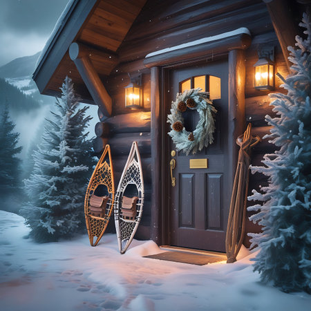 A rustic log cabin entrance is adorned with a festive pine cone wreath and illuminated by warm lantern lights. Two pairs of snowshoes, one in orange and one in white, stand leaning against the wooden wall. The ground is covered in a thick blanket of snow, with snow-laden pine trees framing the scene. The overall atmosphere is cozy and inviting, suggesting a winter retreat.の素材